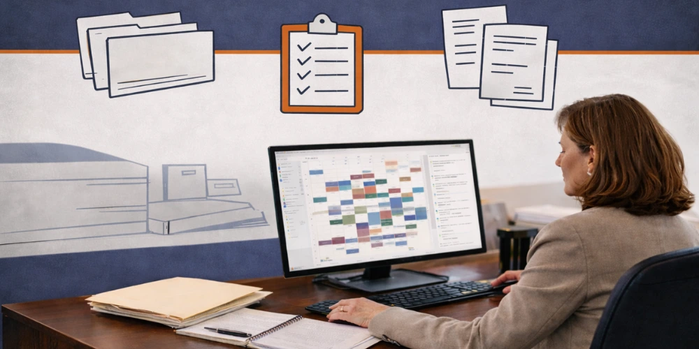 Experienced lawyer reviewing a busy digital calendar and to-do list at her desk, surrounded by legal files and notes, illustrating legal virtual assistant services and law firm administrative support.